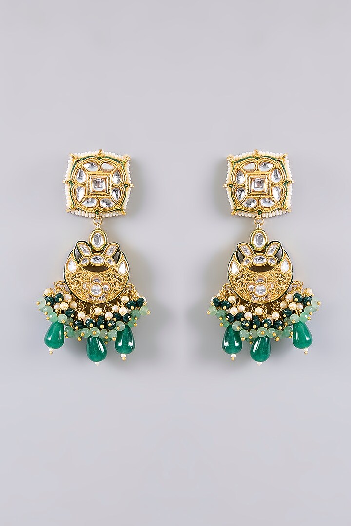 Gold Finish Kundan Polki & Green Gem Stone Necklace Set by Aura Trends at Pernia's Pop Up Shop