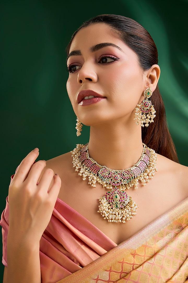 Gold Finish Kundan Polki & Pearl Choker Necklace Set by Auraa Trends at Pernia's Pop Up Shop