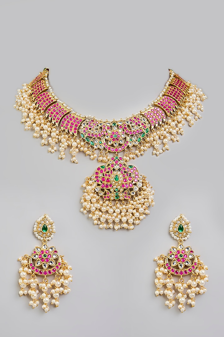 Gold Finish Kundan Polki & Pearl Choker Necklace Set by Aura Trends at Pernia's Pop Up Shop
