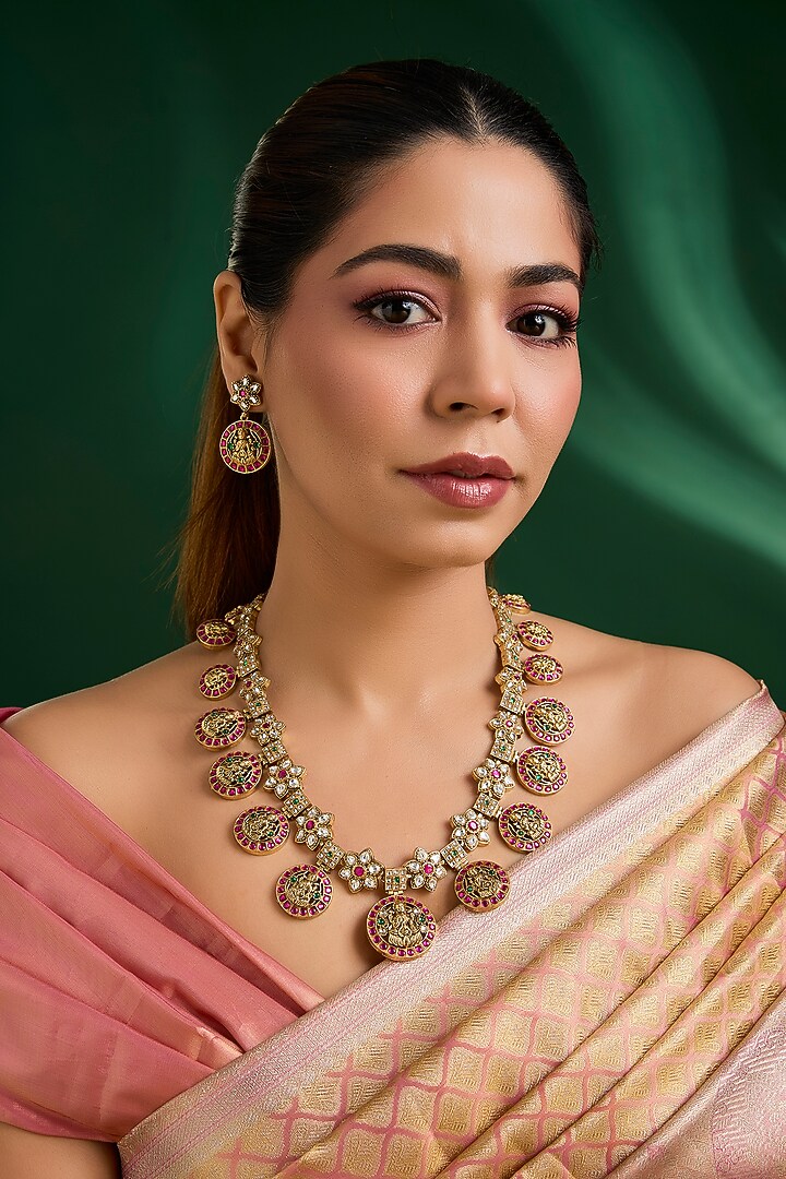 Gold Finish Pink & Green Kundan Polki Necklace Set by Auraa Trends at Pernia's Pop Up Shop
