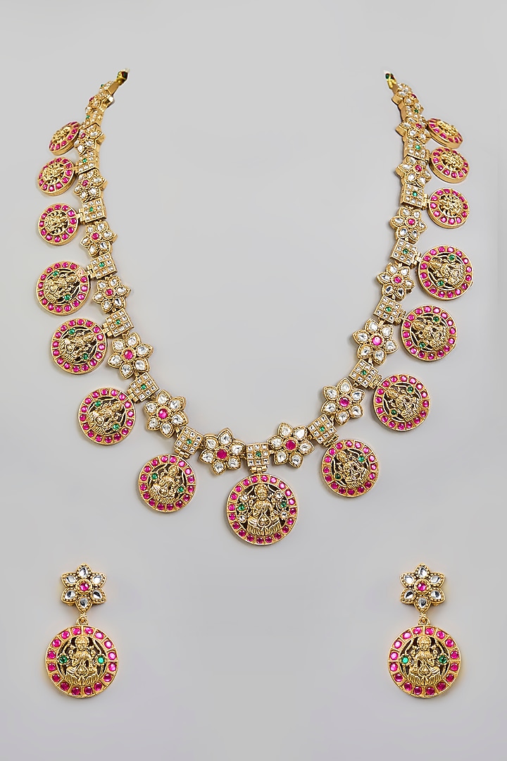 Gold Finish Pink & Green Kundan Polki Necklace Set by Aura Trends at Pernia's Pop Up Shop