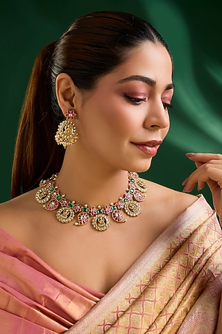 Gold Finish Pink & Green Kundan Polki Choker Necklace Set by Aura Trends