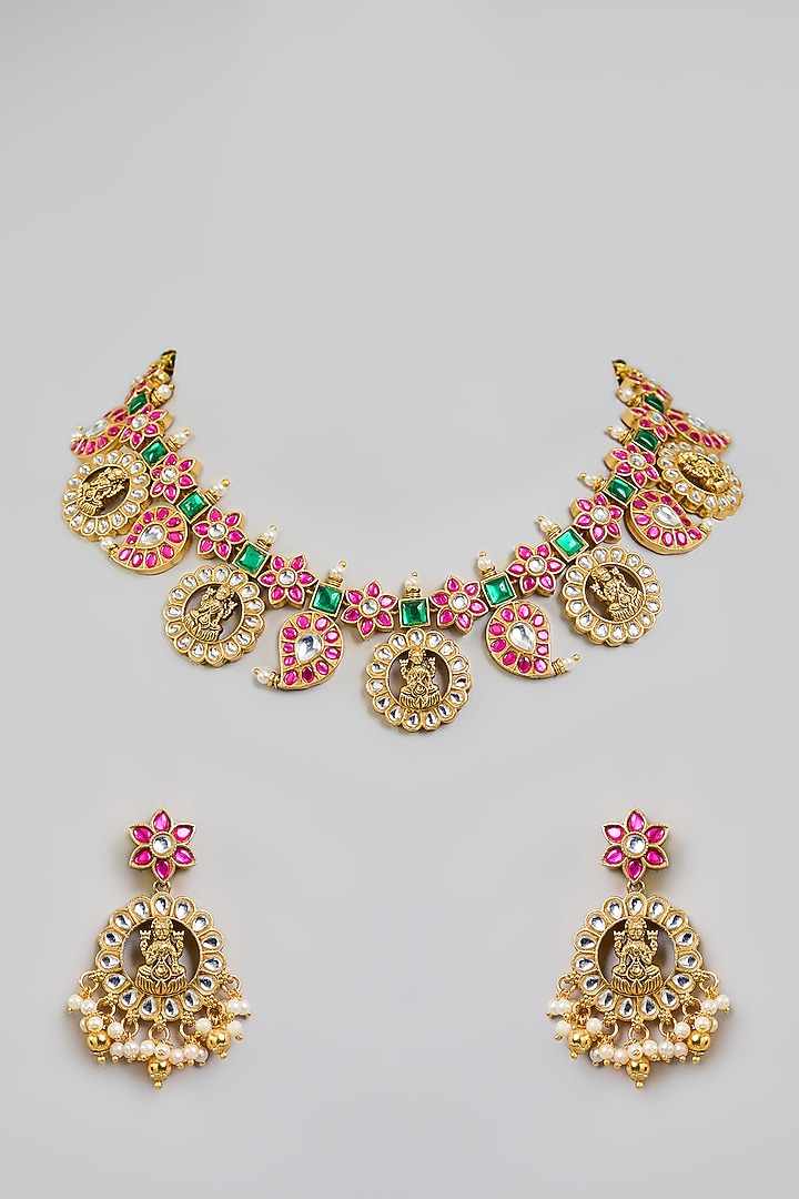 Gold Finish Pink & Green Kundan Polki Choker Necklace Set by Aura Trends at Pernia's Pop Up Shop