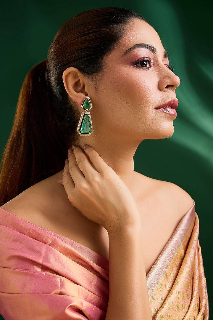 Gold Finish Green Kundan Polki Dangler Earrings by Auraa Trends at Pernia's Pop Up Shop