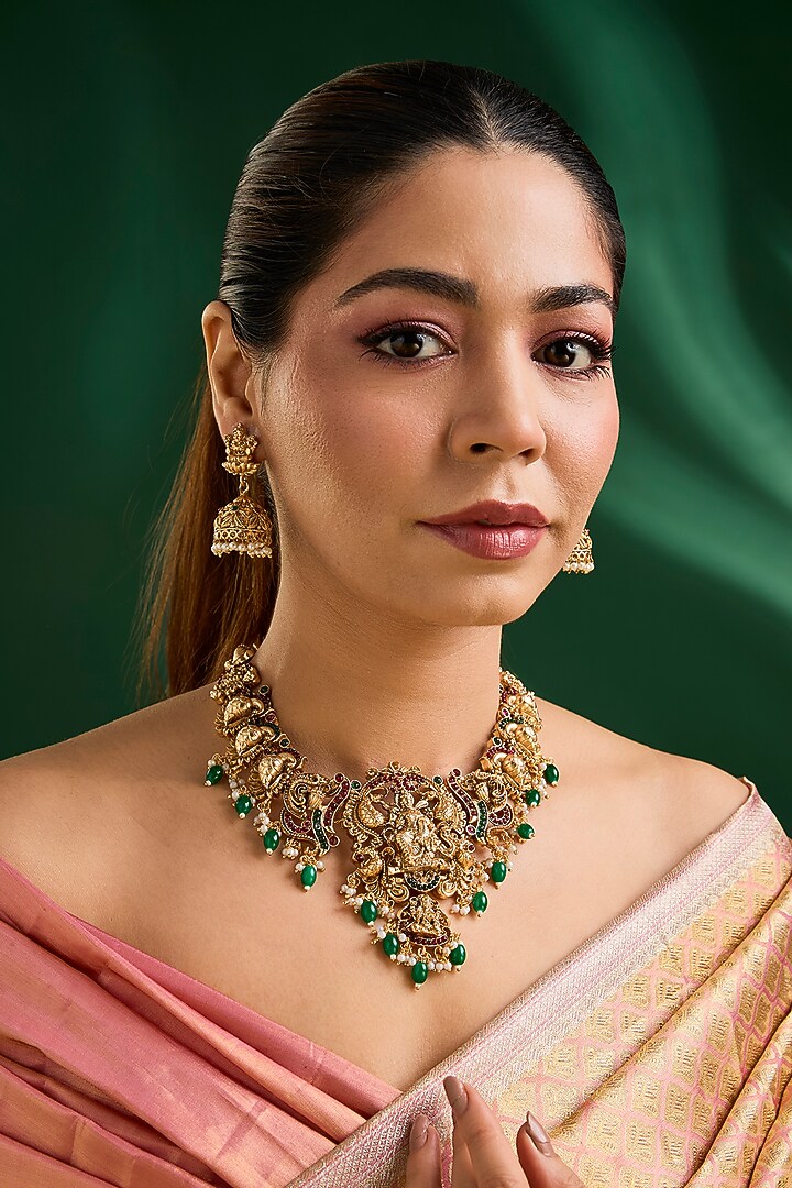 Gold Finish Kundan Polki & Green Drop Necklace Set by Auraa Trends at Pernia's Pop Up Shop