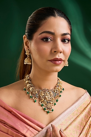 Gold Finish Kundan Polki & Green Drop Necklace Set by Aura Trends