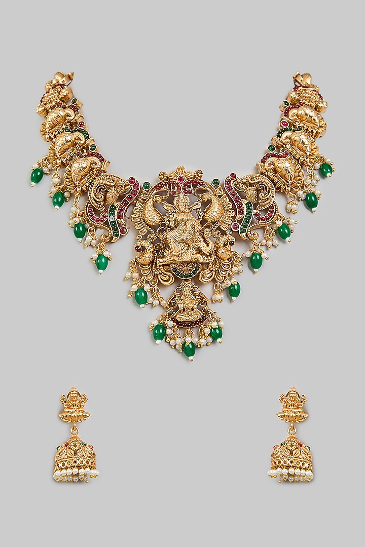 Gold Finish Kundan Polki & Green Drop Necklace Set by Aura Trends at Pernia's Pop Up Shop