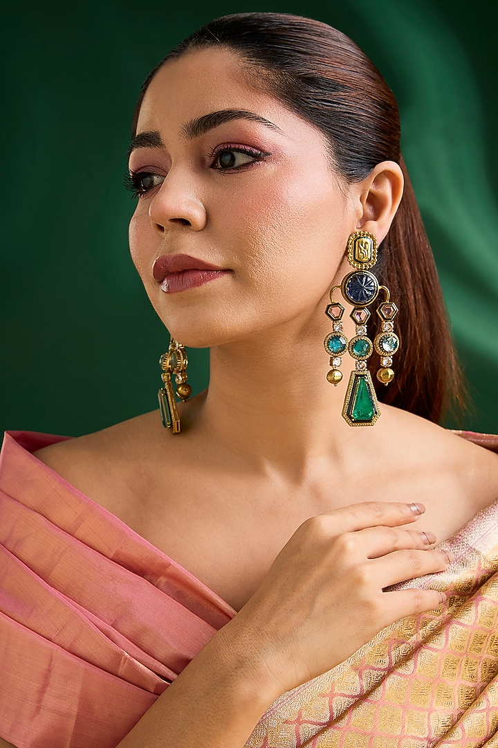 Gold Finish Kundan Polki & Green Drop Chandbali Earrings by Auraa Trends at Pernia's Pop Up Shop