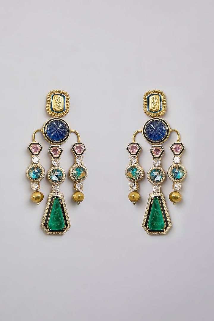 Gold Finish Kundan Polki & Green Drop Chandbali Earrings by Aura Trends at Pernia's Pop Up Shop