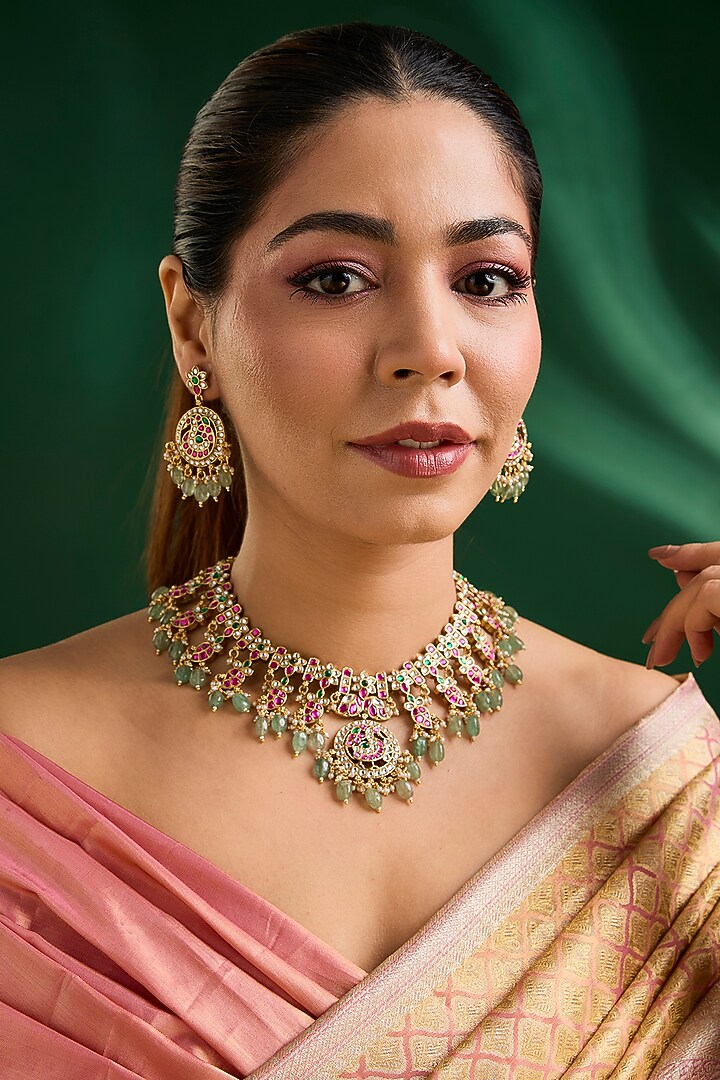 Gold Finish Kundan Polki & Multi-Colored Stone Necklace Set by Auraa Trends at Pernia's Pop Up Shop