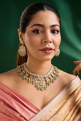 Gold Finish Kundan Polki & Multi-Colored Stone Necklace Set by Aura Trends