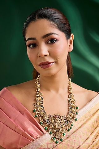 Gold Finish Green Beaded Necklace by Aura Trends