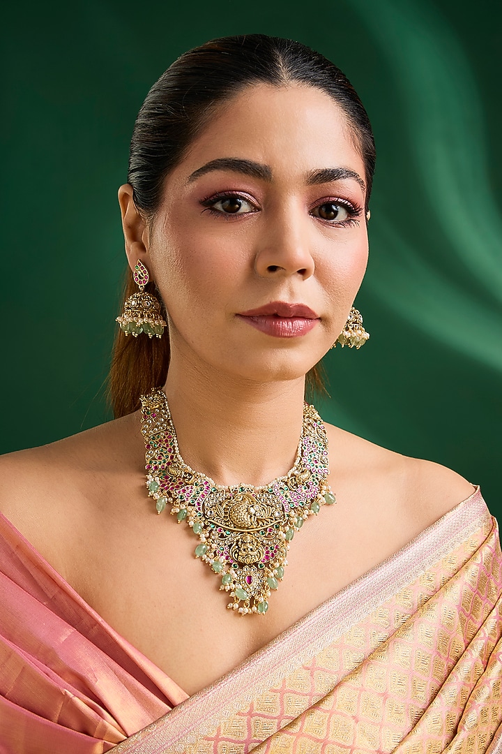 Gold Finish Multi-Colored Stone Necklace Set by Auraa Trends at Pernia's Pop Up Shop