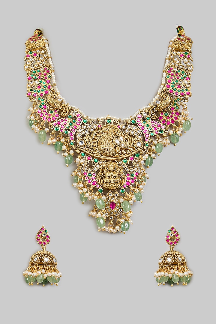 Gold Finish Multi-Colored Stone Necklace Set by Aura Trends at Pernia's Pop Up Shop
