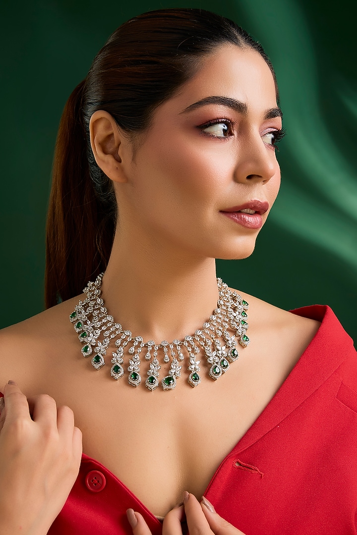 White Finish Zircon & Emerald Drop Necklace by Auraa Trends at Pernia's Pop Up Shop