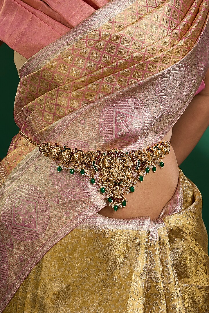 Gold Finish Green Beaded Kamarbandh by Auraa Trends at Pernia's Pop Up Shop