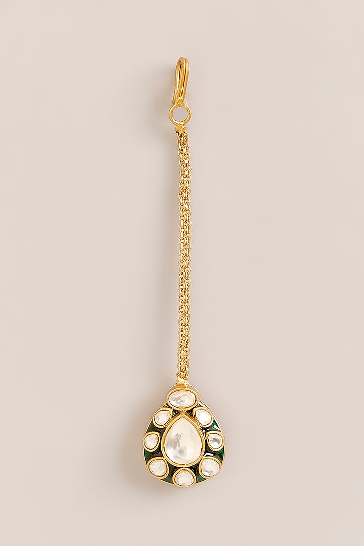 Gold Finish Green Kundan Polki Necklace With Maangtikka by Aura Trends at Pernia's Pop Up Shop