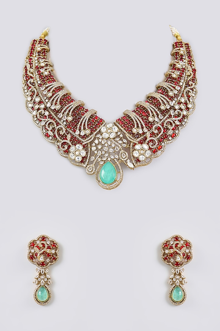 Antique Gold Finish Kundan Polki & Green Stone Drop Necklace Set by Aura Trends at Pernia's Pop Up Shop