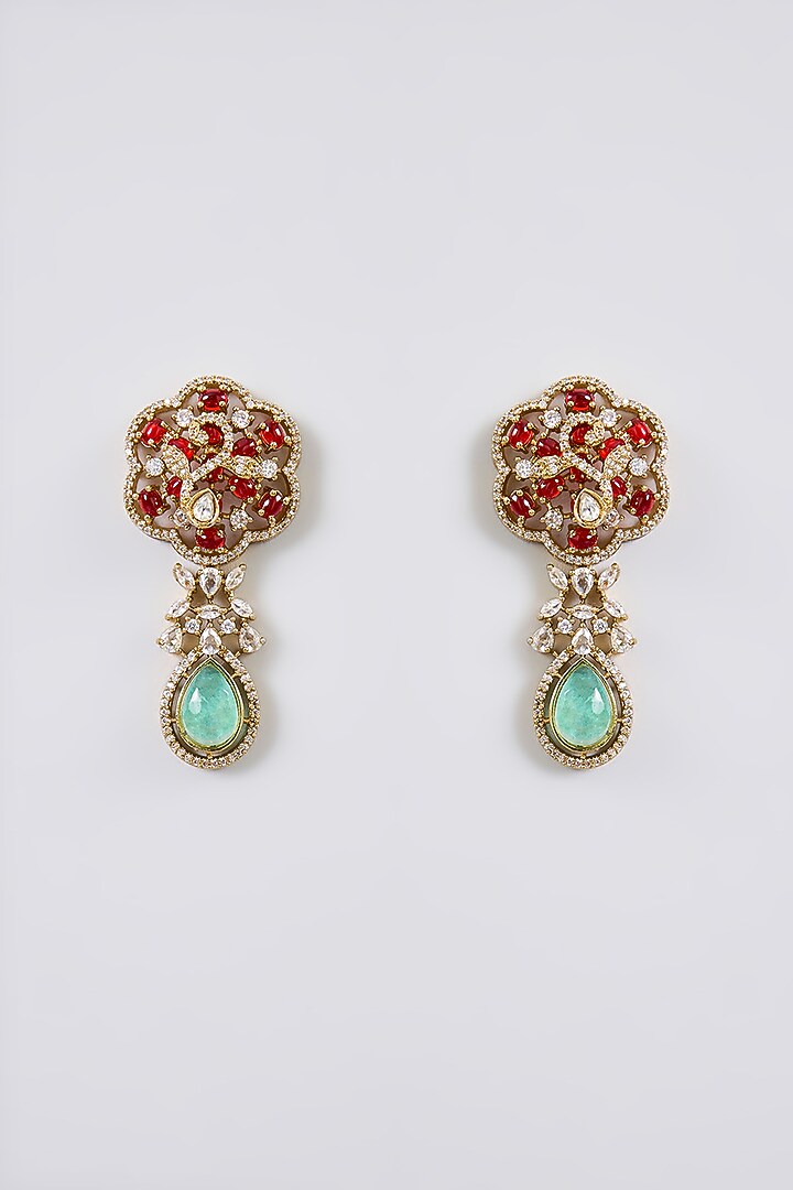 Antique Gold Finish Kundan Polki & Green Stone Drop Necklace Set by Aura Trends at Pernia's Pop Up Shop