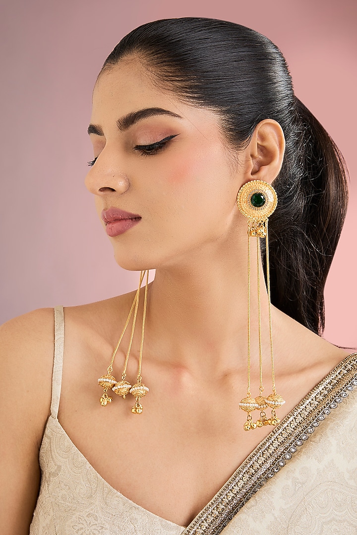 Gold Finish Kundan Polki & Long Chain Tassel Floral Jhumka Earrings by Auraa Trends at Pernia's Pop Up Shop