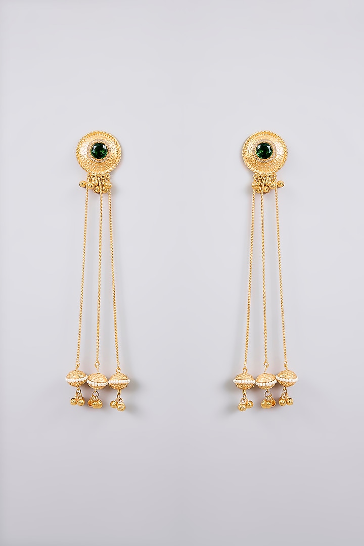 Gold Finish Kundan Polki & Long Chain Tassel Floral Jhumka Earrings by Aura Trends at Pernia's Pop Up Shop