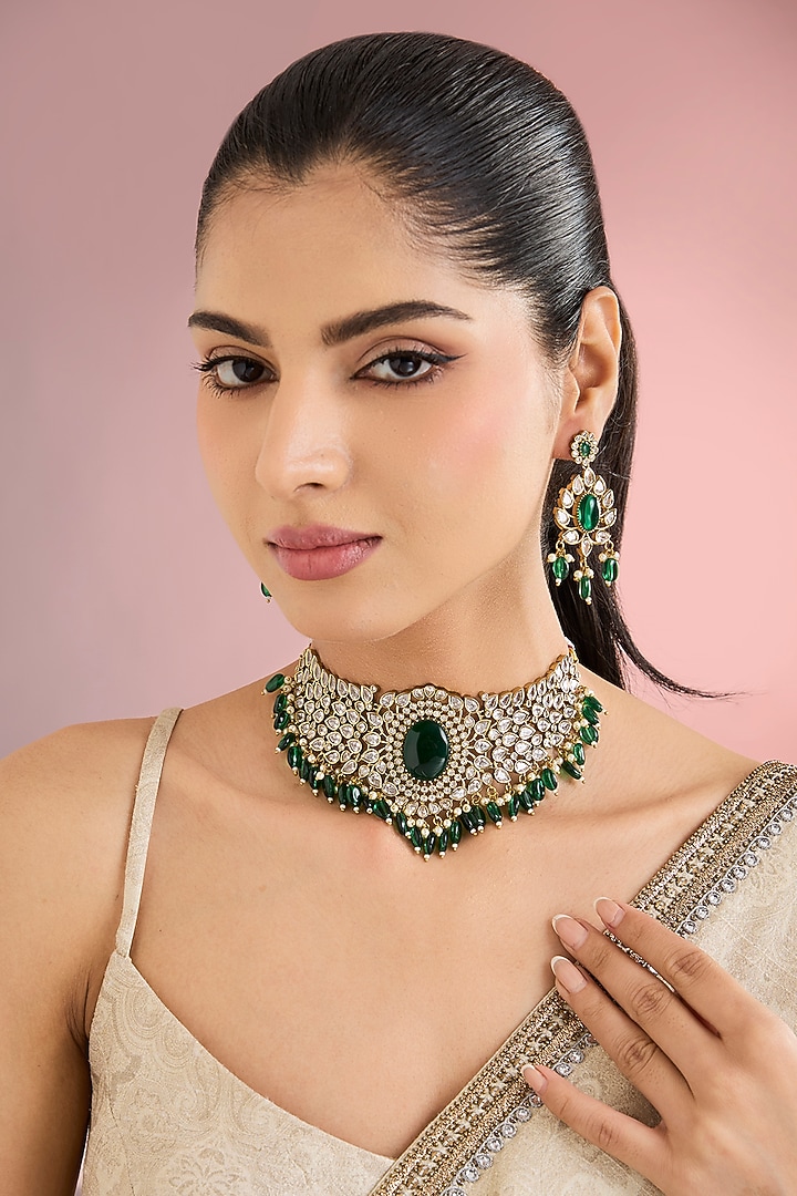 Gold Finish Kundan Polki & Emerald Green Stone Choker Necklace Set by Auraa Trends at Pernia's Pop Up Shop