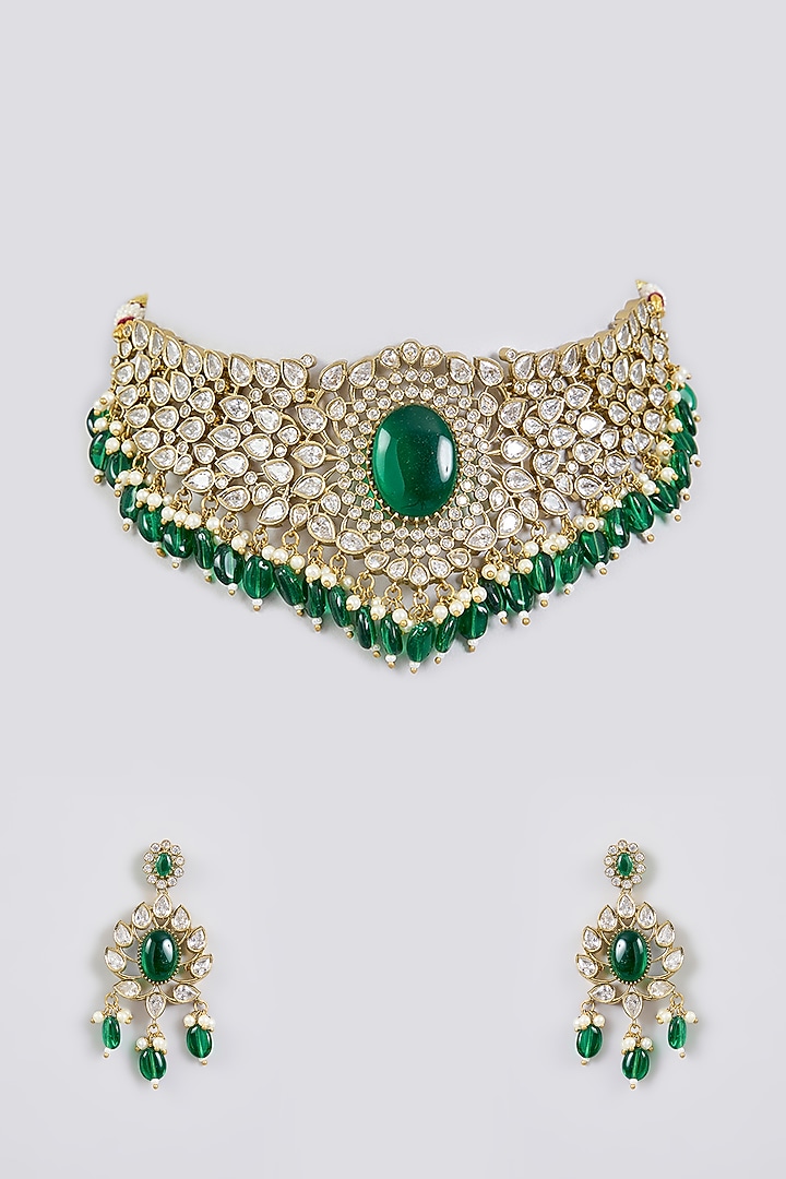 Gold Finish Kundan Polki & Emerald Green Stone Choker Necklace Set by Aura Trends at Pernia's Pop Up Shop