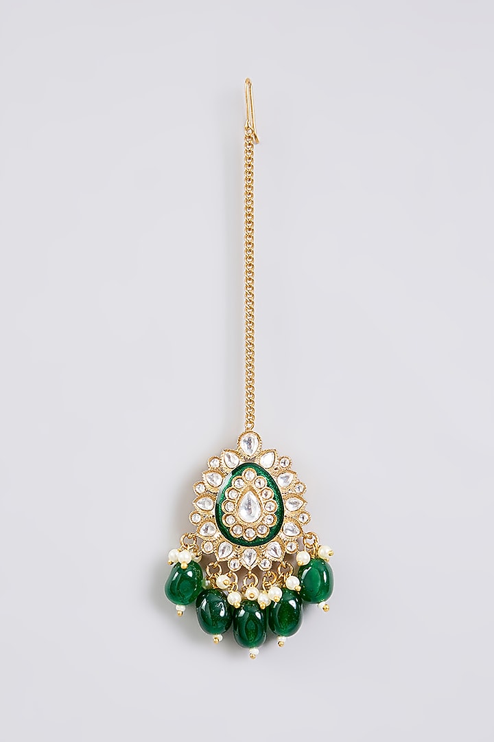 Gold Finish Green Kundan Polki Maangtikka by Aura Trends at Pernia's Pop Up Shop
