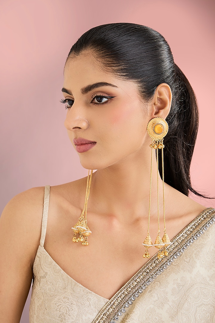 Gold Finish Kundan Polki Long Chain Jhumka Earrings by Auraa Trends at Pernia's Pop Up Shop