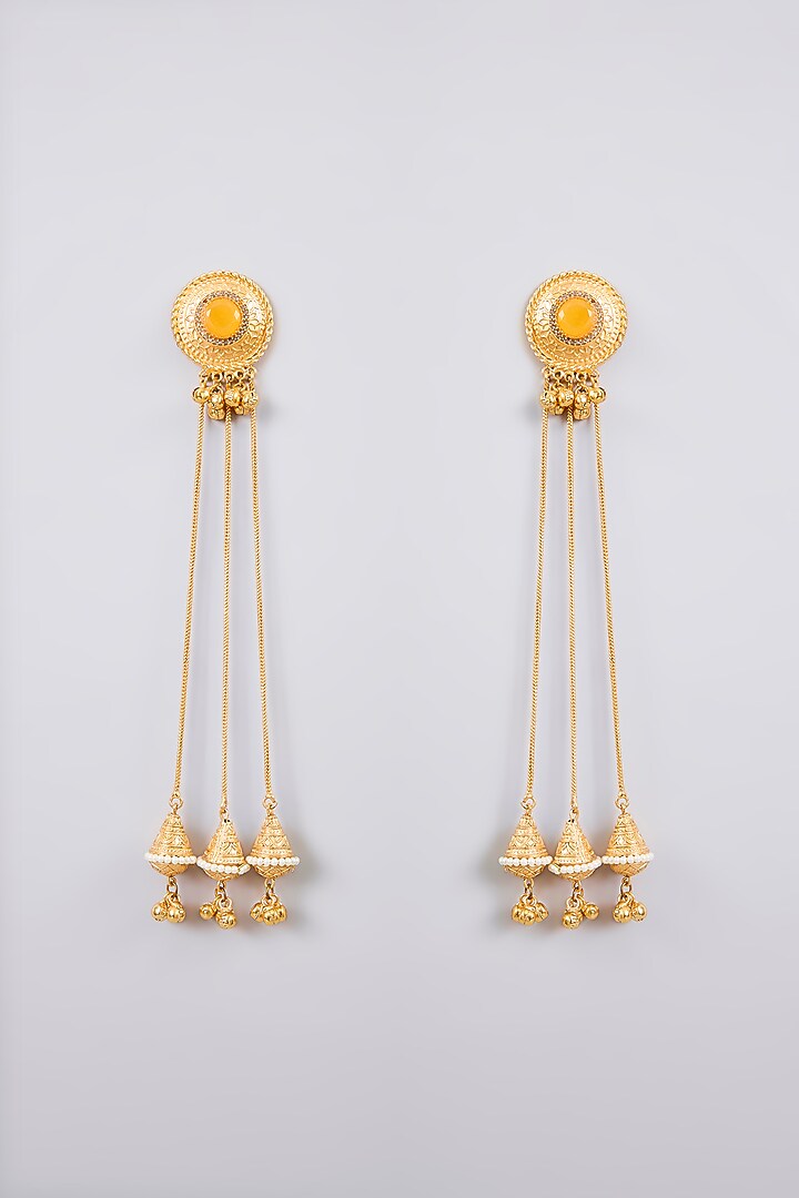 Gold Finish Kundan Polki Long Chain Jhumka Earrings by Aura Trends at Pernia's Pop Up Shop