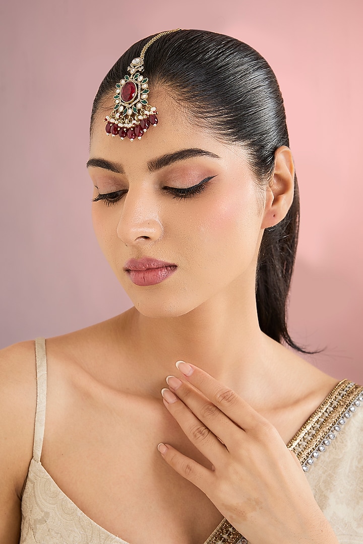 Gold Finish Kundan Polki & Ruby Stone Maangtikka by Auraa Trends at Pernia's Pop Up Shop