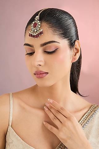 Gold Finish Kundan Polki & Ruby Stone Maangtikka by Aura Trends