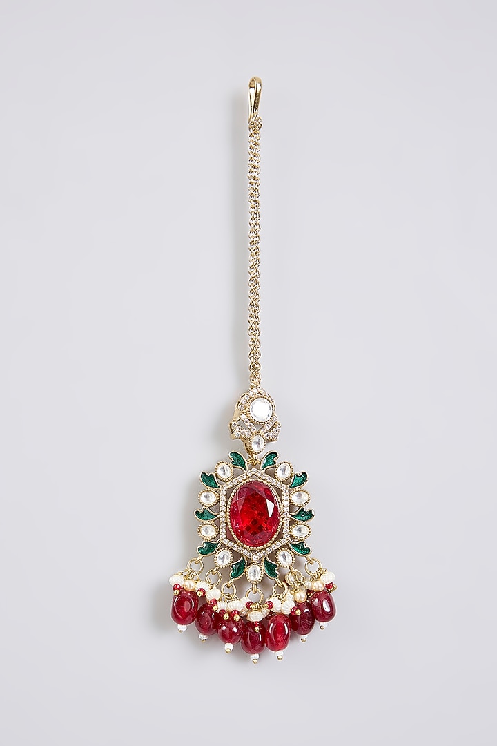 Gold Finish Kundan Polki & Ruby Stone Maangtikka by Aura Trends at Pernia's Pop Up Shop