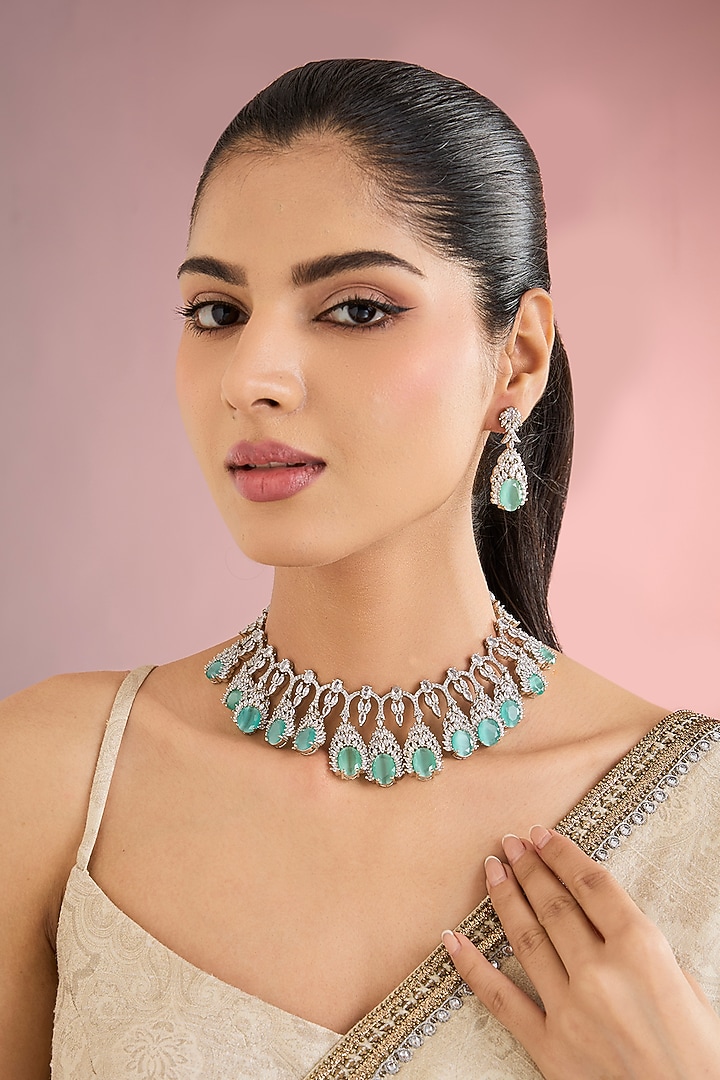 White Finish Zircon & Green Stone Necklace Set by Aura Trends at Pernia's Pop Up Shop