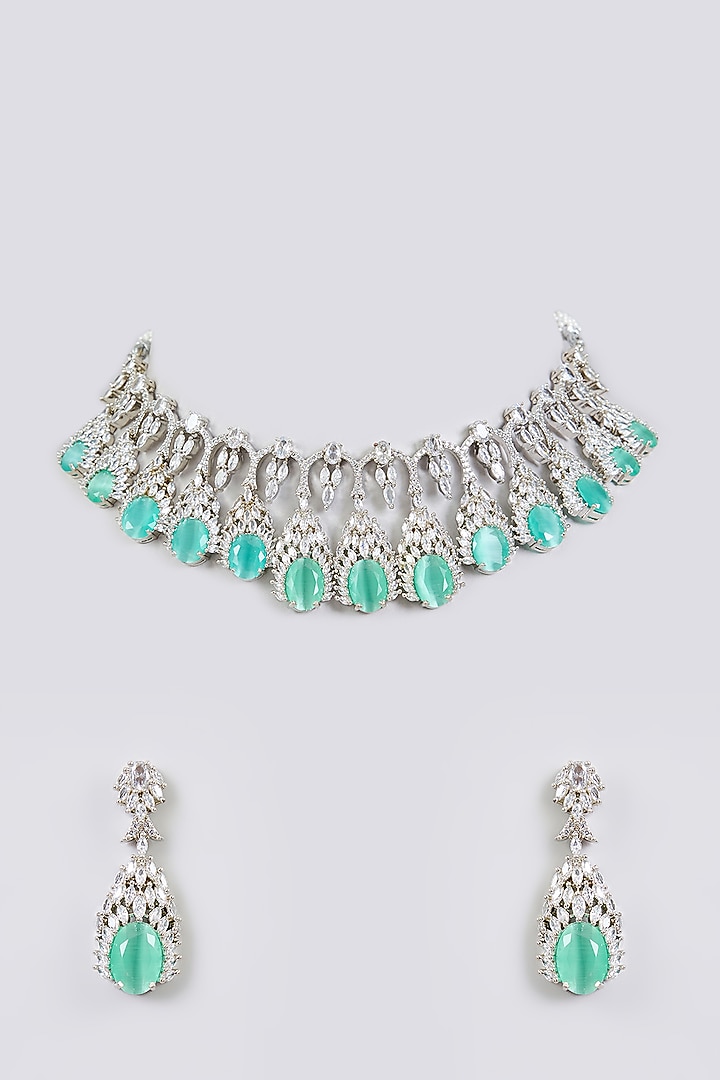 White Finish Zircon & Green Stone Necklace Set by Aura Trends at Pernia's Pop Up Shop
