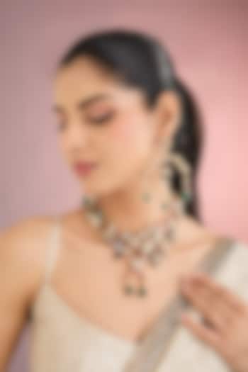 Gold Finish Kundan Polki & Ruby Drop Necklace Set by Aura Trends at Pernia's Pop Up Shop