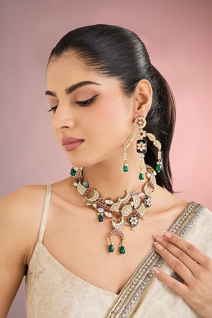 Gold Finish Kundan Polki & Ruby Drop Necklace Set by Aura Trends at Pernia's Pop Up Shop