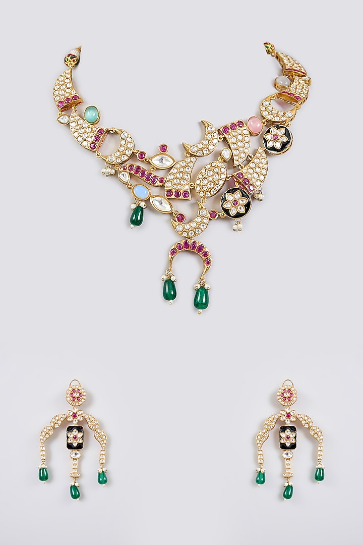 Gold Finish Kundan Polki & Ruby Drop Necklace Set by Aura Trends at Pernia's Pop Up Shop