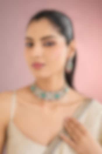 White Finish Zircon & Green Stone Choker Necklace Set by Auraa Trends at Pernia's Pop Up Shop