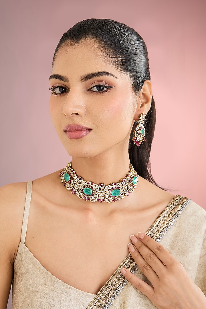 White Finish Zircon & Green Stone Choker Necklace Set by Auraa Trends at Pernia's Pop Up Shop