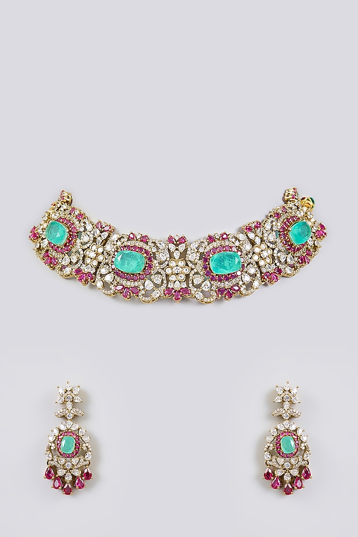 White Finish Zircon & Green Stone Choker Necklace Set by Aura Trends at Pernia's Pop Up Shop