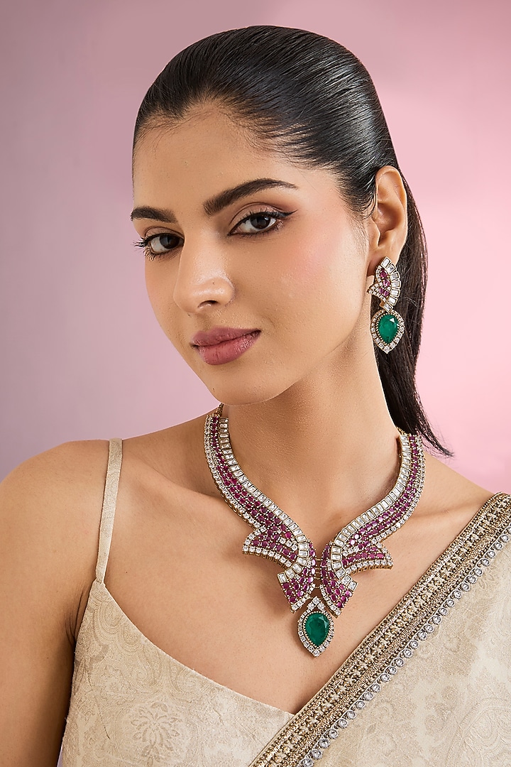 White Finish Zircon & Ruby Stone Choker Necklace Set by Aura Trends at Pernia's Pop Up Shop