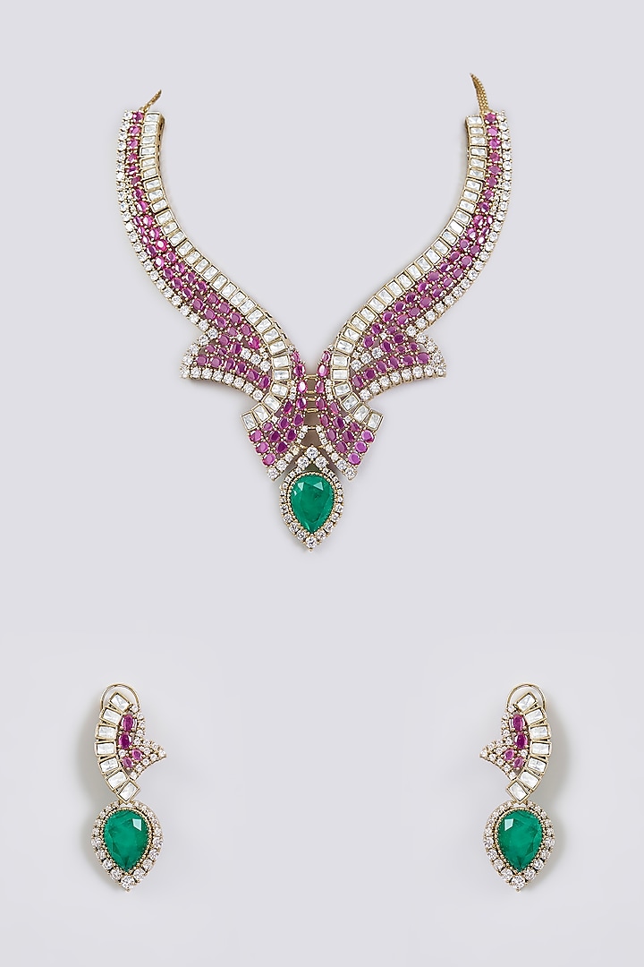 White Finish Zircon & Ruby Stone Choker Necklace Set by Aura Trends at Pernia's Pop Up Shop