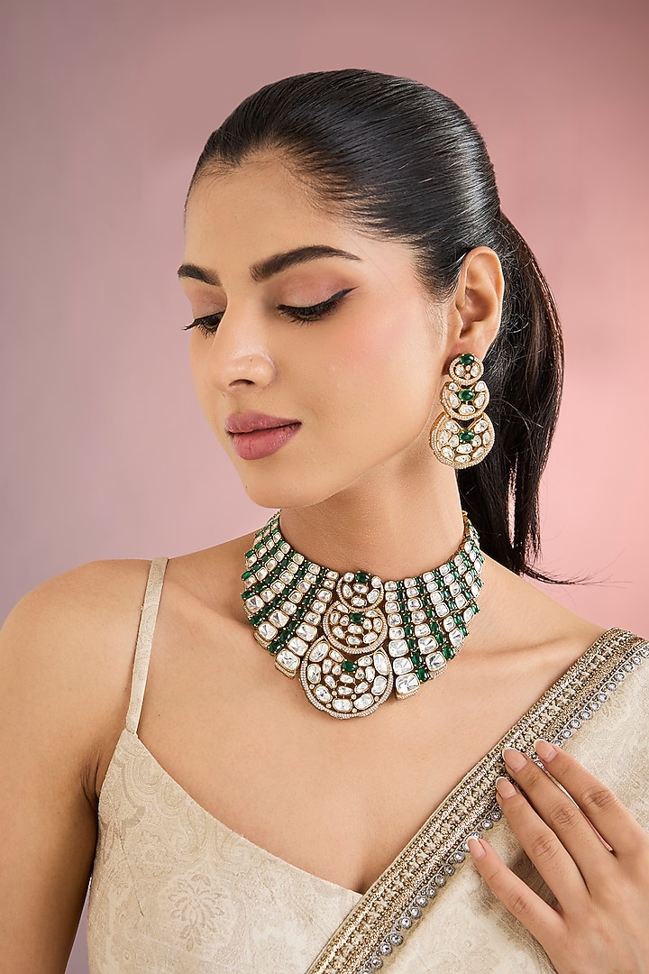 Gold Finish Kundan Polki & Emerald Green Stone Choker Necklace Set by Auraa Trends at Pernia's Pop Up Shop