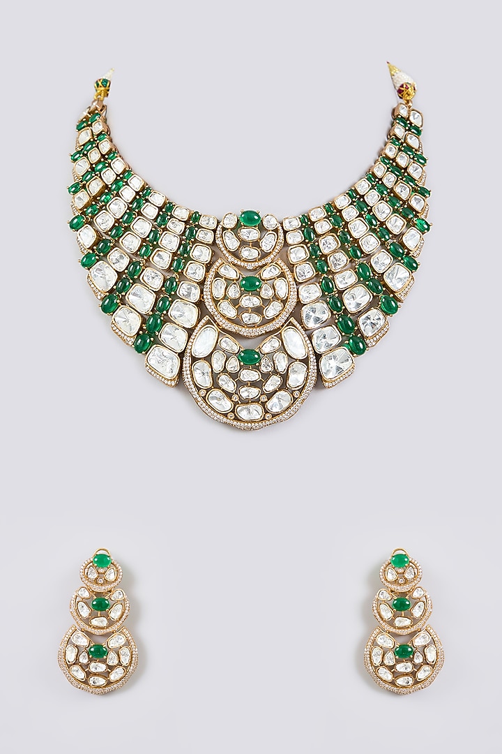 Gold Finish Kundan Polki & Emerald Green Stone Choker Necklace Set by Aura Trends at Pernia's Pop Up Shop