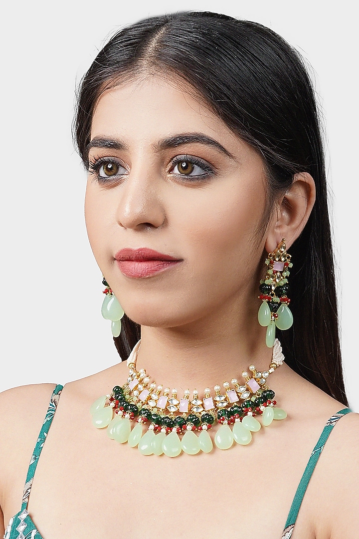 Gold Plated Kundan Polki Necklace Set In Alloy by Aura Trends at Pernia's Pop Up Shop