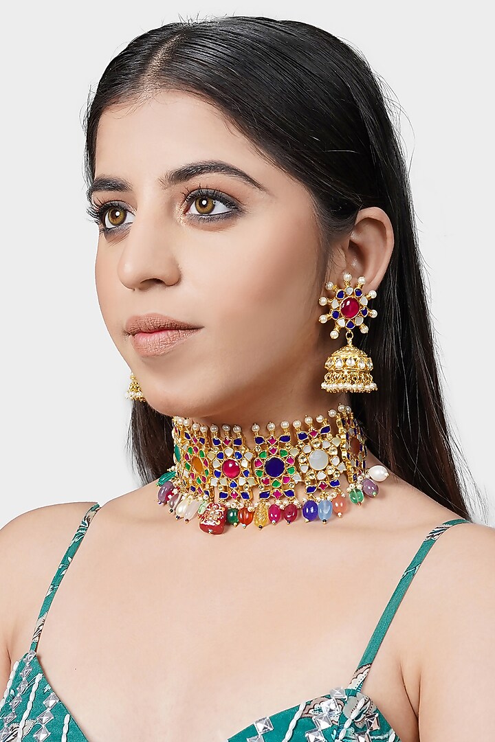 Gold Plated Necklace Set With Navratan Stones by Auraa Trends at Pernia's Pop Up Shop