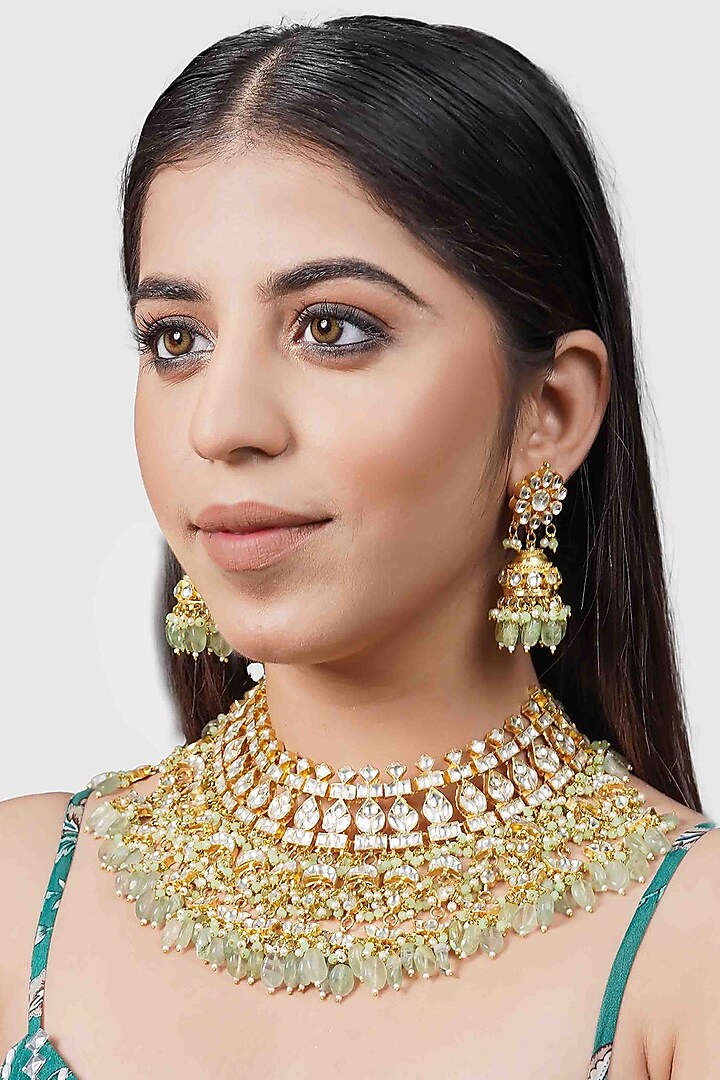 Gold Plated Necklace Set With Green Beads by Auraa Trends