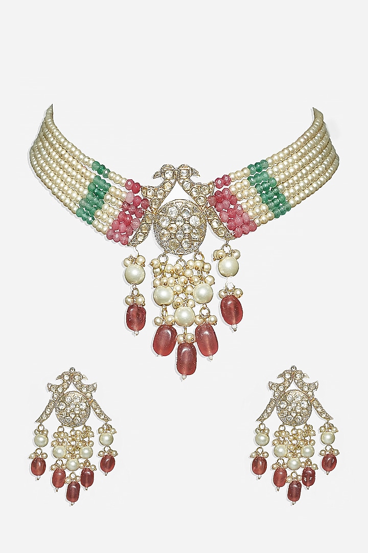 Gold Plated Necklace Set With Red Beads by Aura Trends at Pernia's Pop Up Shop