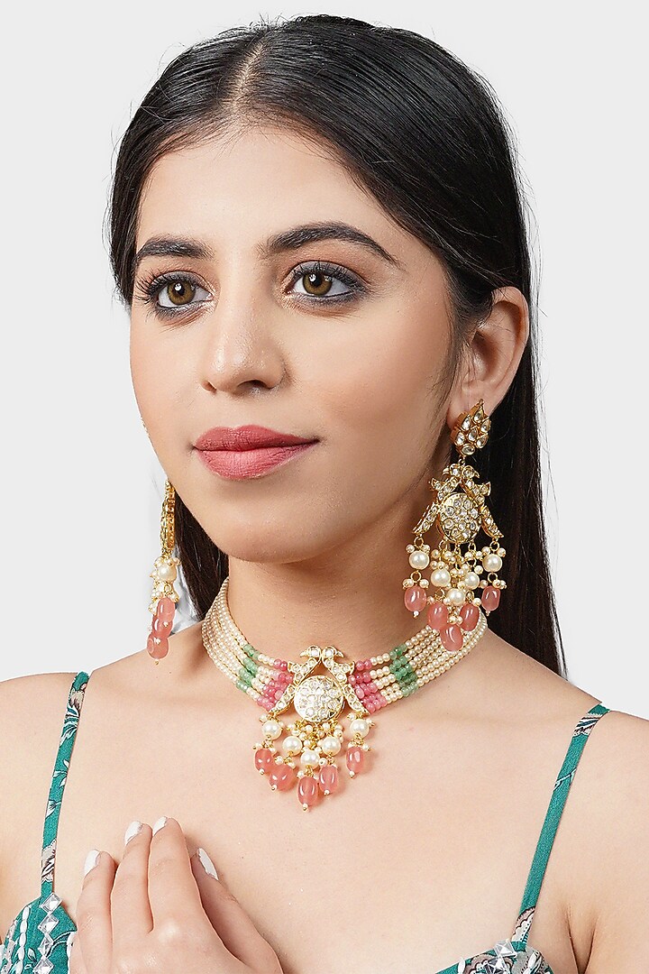 Gold Plated Necklace Set With Red Beads by Aura Trends at Pernia's Pop Up Shop